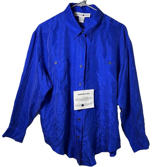 Jonathan Martin Royal Vintage Blue Silk Button up Blouse Women's Size Medium NWT - Picture 1 of 11